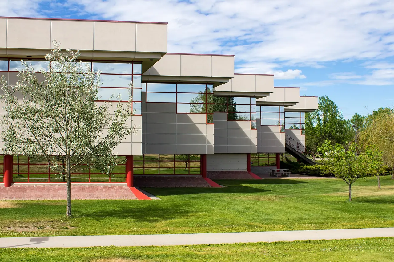 The College of New Caledonia library building in Prince George on a summer day